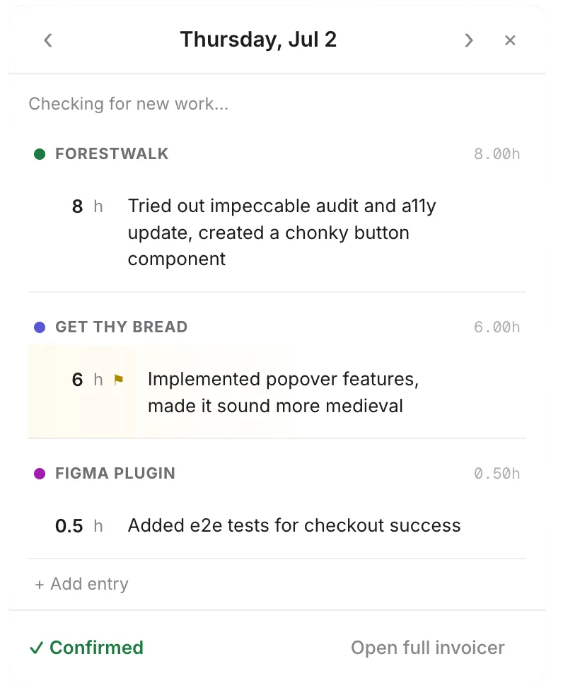 The menu-bar popover for Thursday, July 2, with three confirmed lines of work