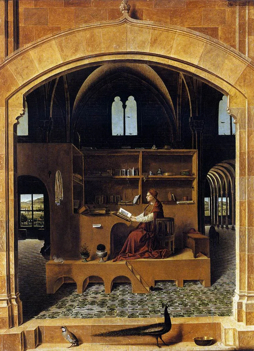 Antonello da Messina, St Jerome in his Study, detail: a scholar reading and writing at his desk