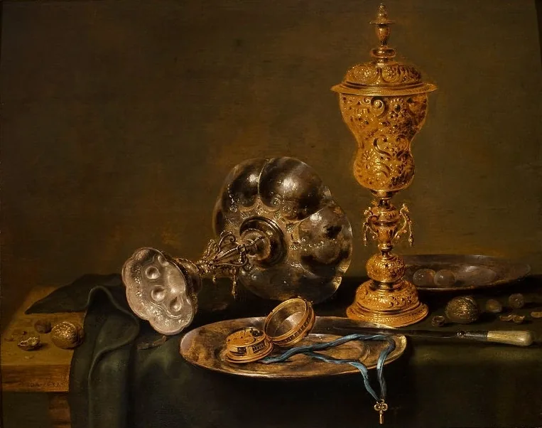 A gold pocket watch on a pewter plate, from Willem Claesz Heda's Still Life with a Watch
