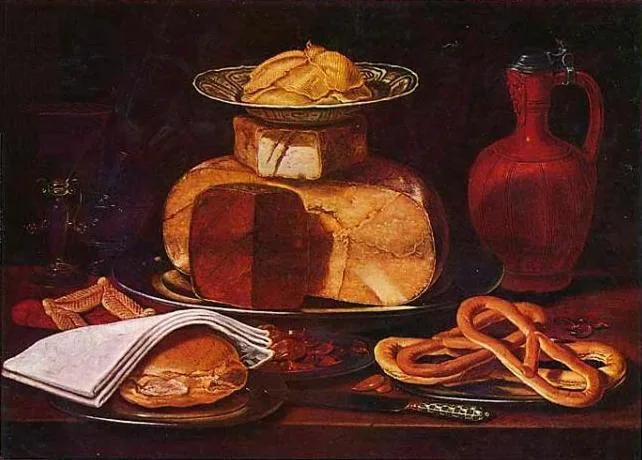Clara Peeters, Still Life with Cheeses, Bread and Pretzels, detail
