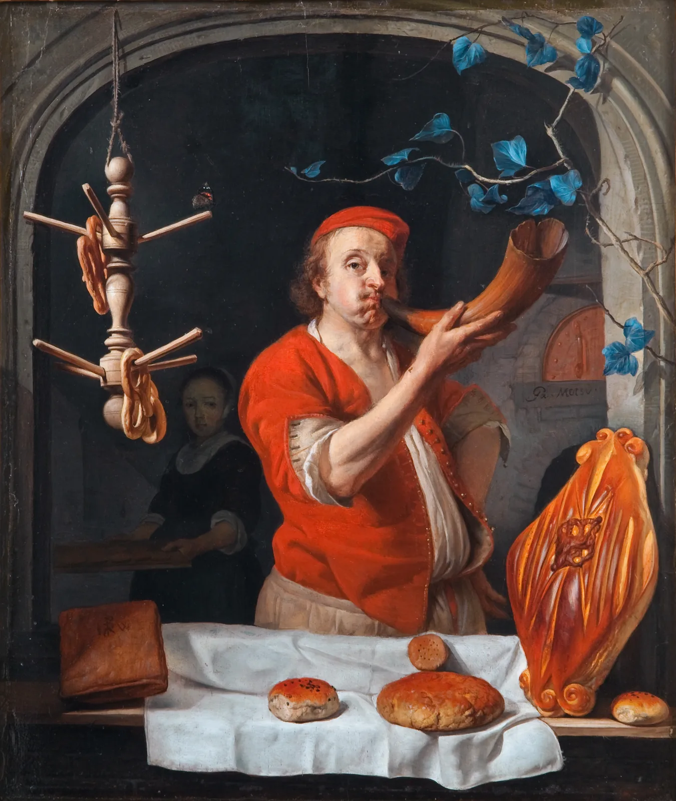 Gabriel Metsu, A Baker Blowing his Horn: a baker in a red jacket announces fresh loaves laid out on a white cloth