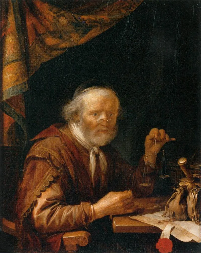 Gerrit Dou, The Moneylender: an old man in spectacles weighs a coin and stares straight at you