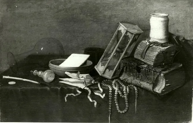 Gerrit van Vucht, Still Life of Books with Hourglass, detail of the hourglass