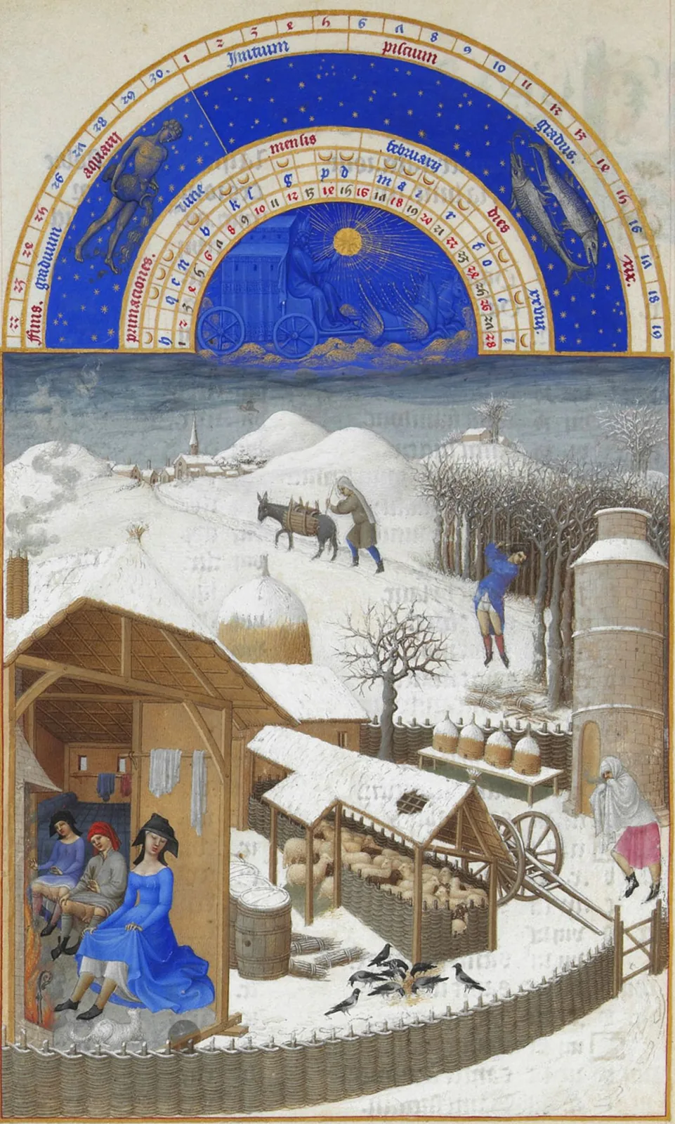 The Limbourg brothers, February from the Tres Riches Heures: a household warms itself by its own fire while the snow falls outside