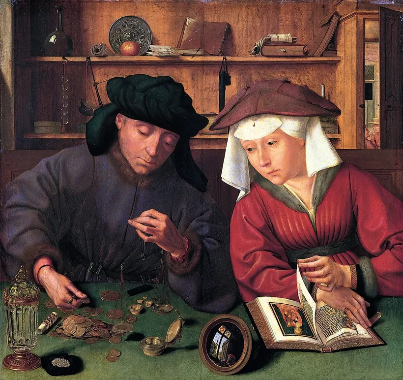 Quinten Metsys, The Moneylender and his Wife, detail: he weighs coins while she turns the pages of a book
