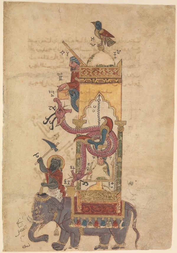 The Elephant Clock, a water clock drawn in al-Jazari's Book of Knowledge of Ingenious Mechanical Devices, 1315
