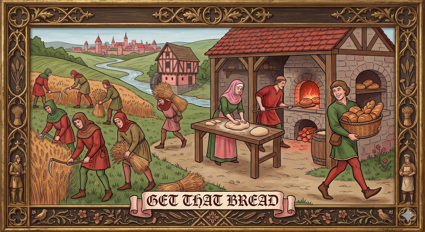 Get Thy Bread: a medieval harvest and bakery illustration, with peasants harvesting wheat and a baker drawing loaves from an oven